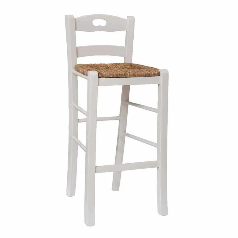 Sgabello in legno con seduta in paglia