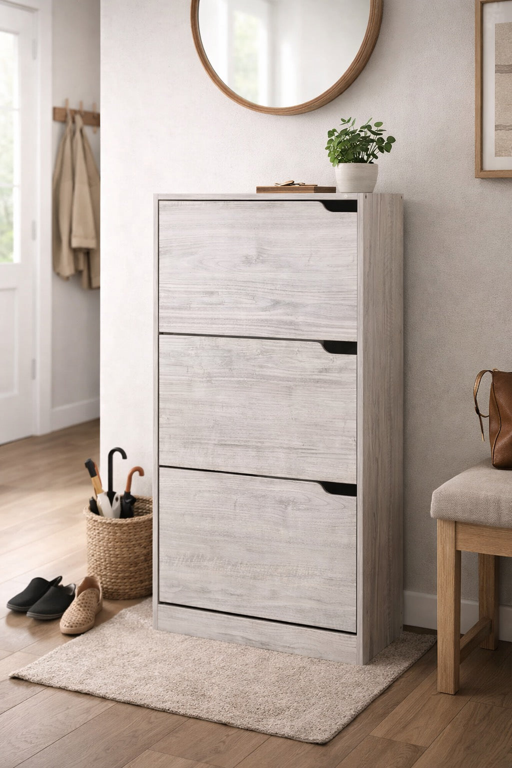 Scarpiera salvaspazio 3 ante ribalta doppia profondità in legno grigio o olmo, compatta ed elegante per ogni ambiente