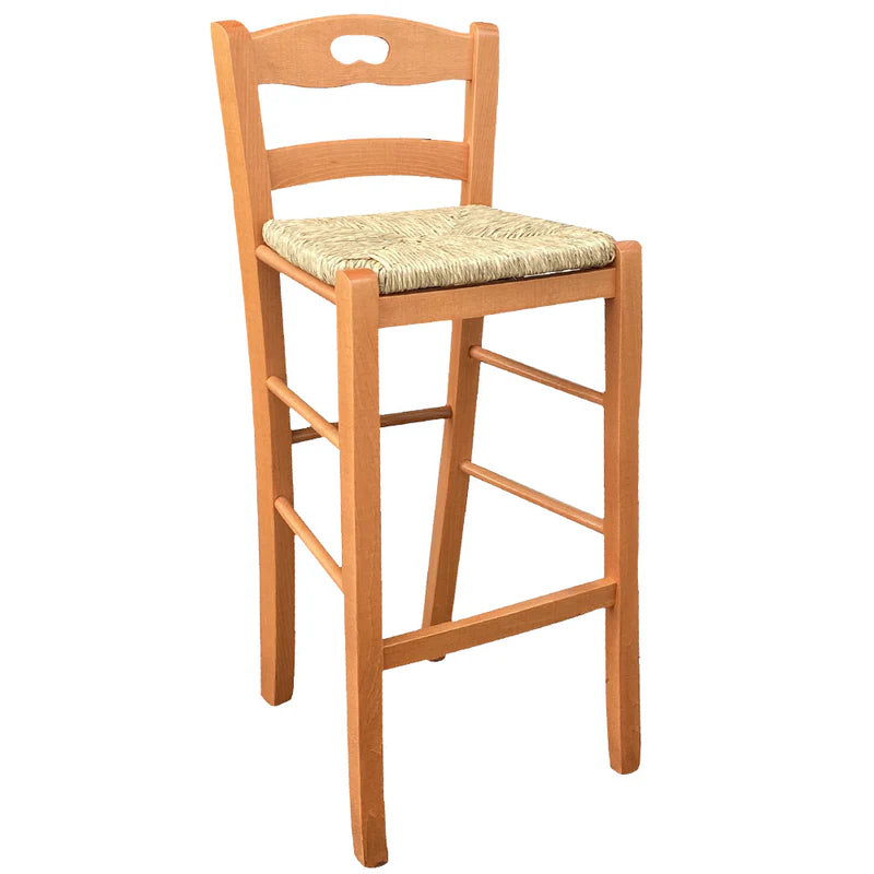 Sgabello in legno con seduta in paglia