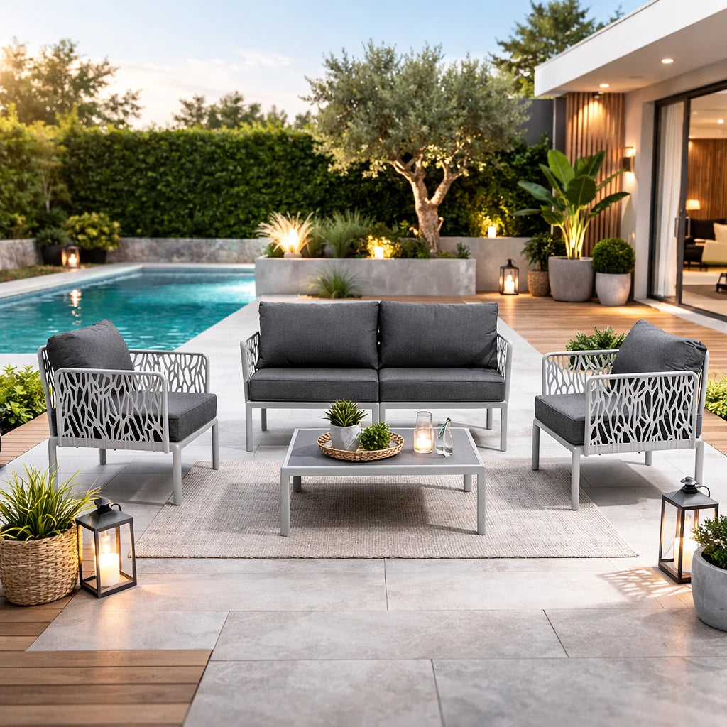Set da giardino Hoya con divano, poltrone e tavolino in resina bianco e verde