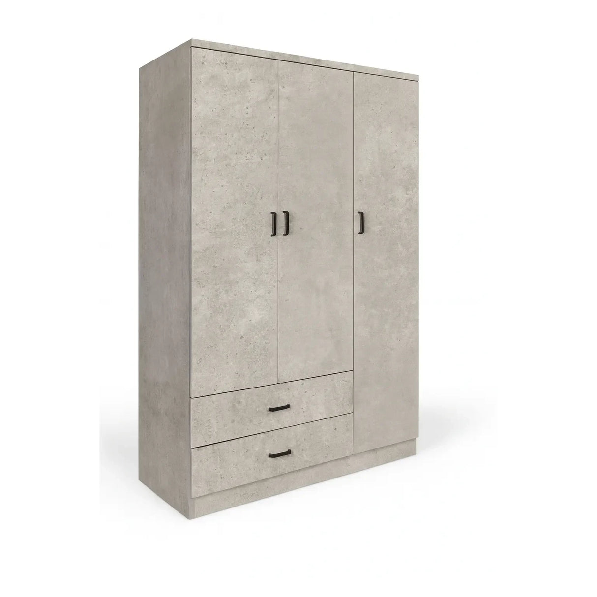 Armadio moderno a 3 ante e 2 cassetti con chiusura soft-close e tubo appendiabiti, ideale per camere da letto eleganti e funzionali.