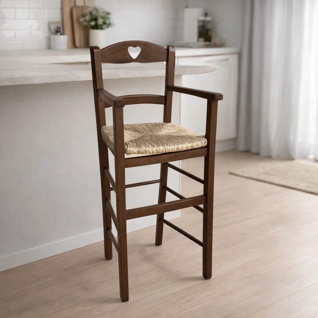 Seggiolone in legno di faggio per bambini con seduta in paglia intrecciata, stile rustico classico