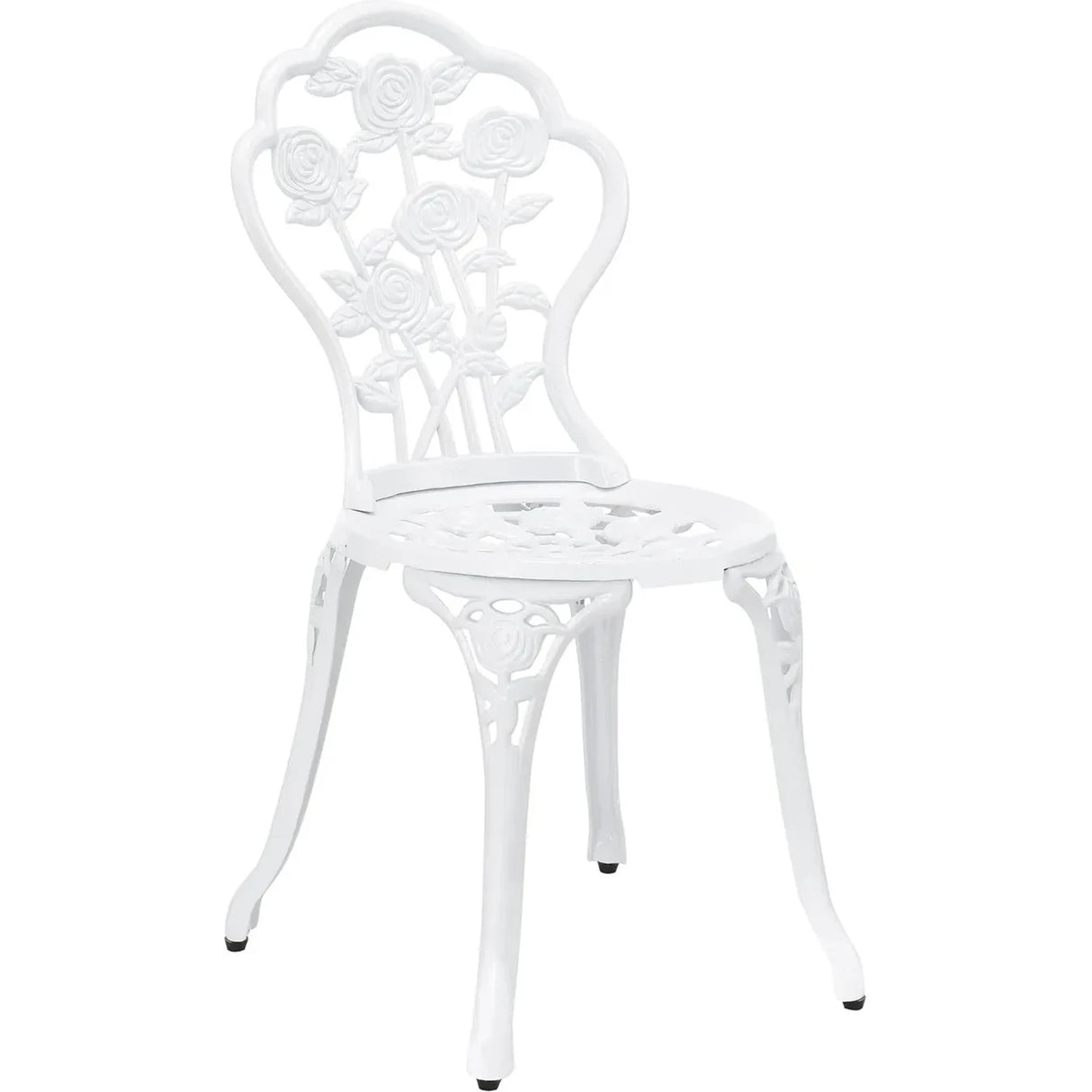 Set da giardino vintage 3 pezzi in alluminio bianco, composto da tavolo con foro per ombrellone e due sedie decorate in stile floreale