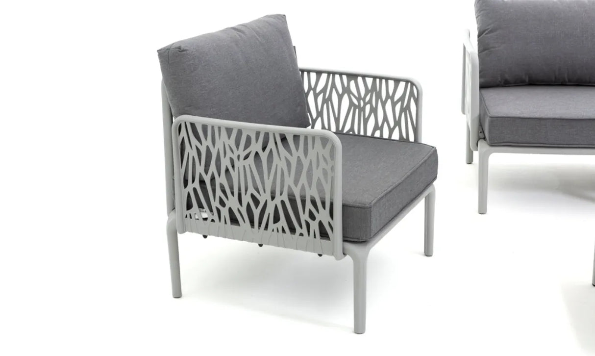 Set da giardino Hoya con divano, poltrone e tavolino in resina bianco e GRIGIO