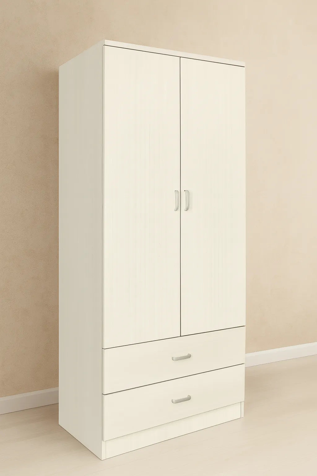 Armadio moderno a 2 ante e 2 cassetti con asta appendiabiti, struttura solida e spazio interno ottimizzato per vestiti e biancheria.