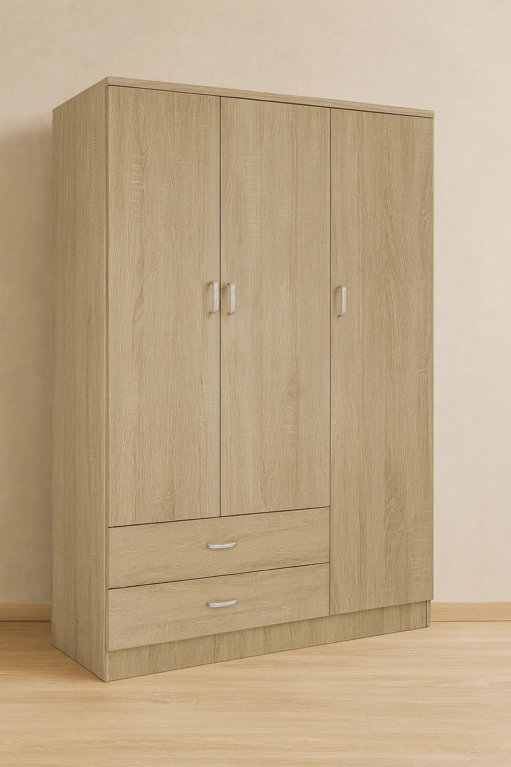 Armadio moderno a 3 ante e 2 cassetti con chiusura soft-close e tubo appendiabiti, ideale per camere da letto eleganti e funzionali.