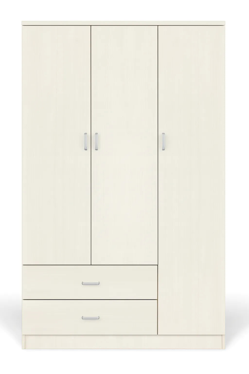 Armadio moderno a 3 ante e 2 cassetti con chiusura soft-close e tubo appendiabiti, ideale per camere da letto eleganti e funzionali.