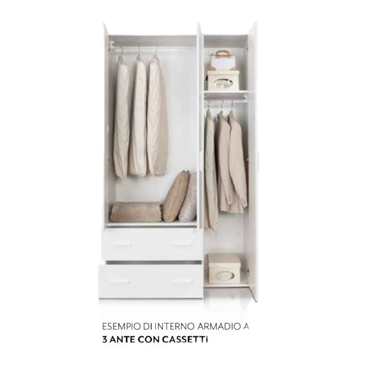 Armadio 3 ante e 2 cassetti in legno, colore olmo o bianco frassino