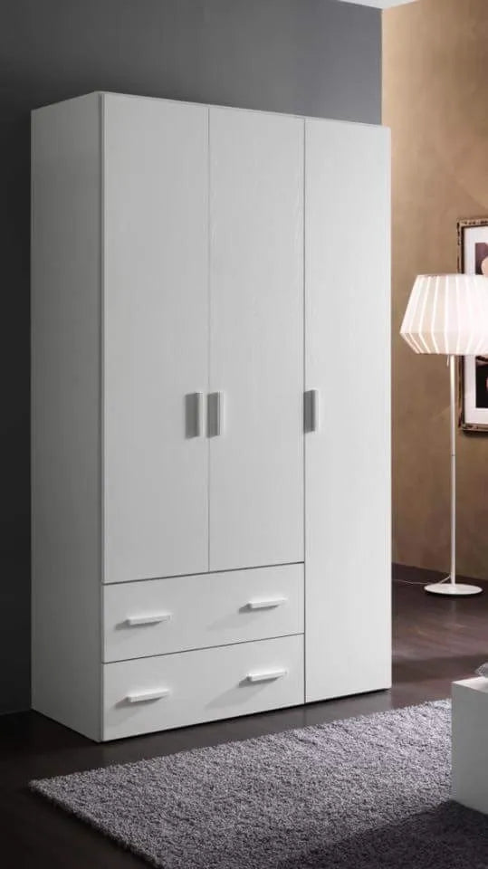 Armadio 3 ante e 2 cassetti in legno, colore olmo o bianco frassino