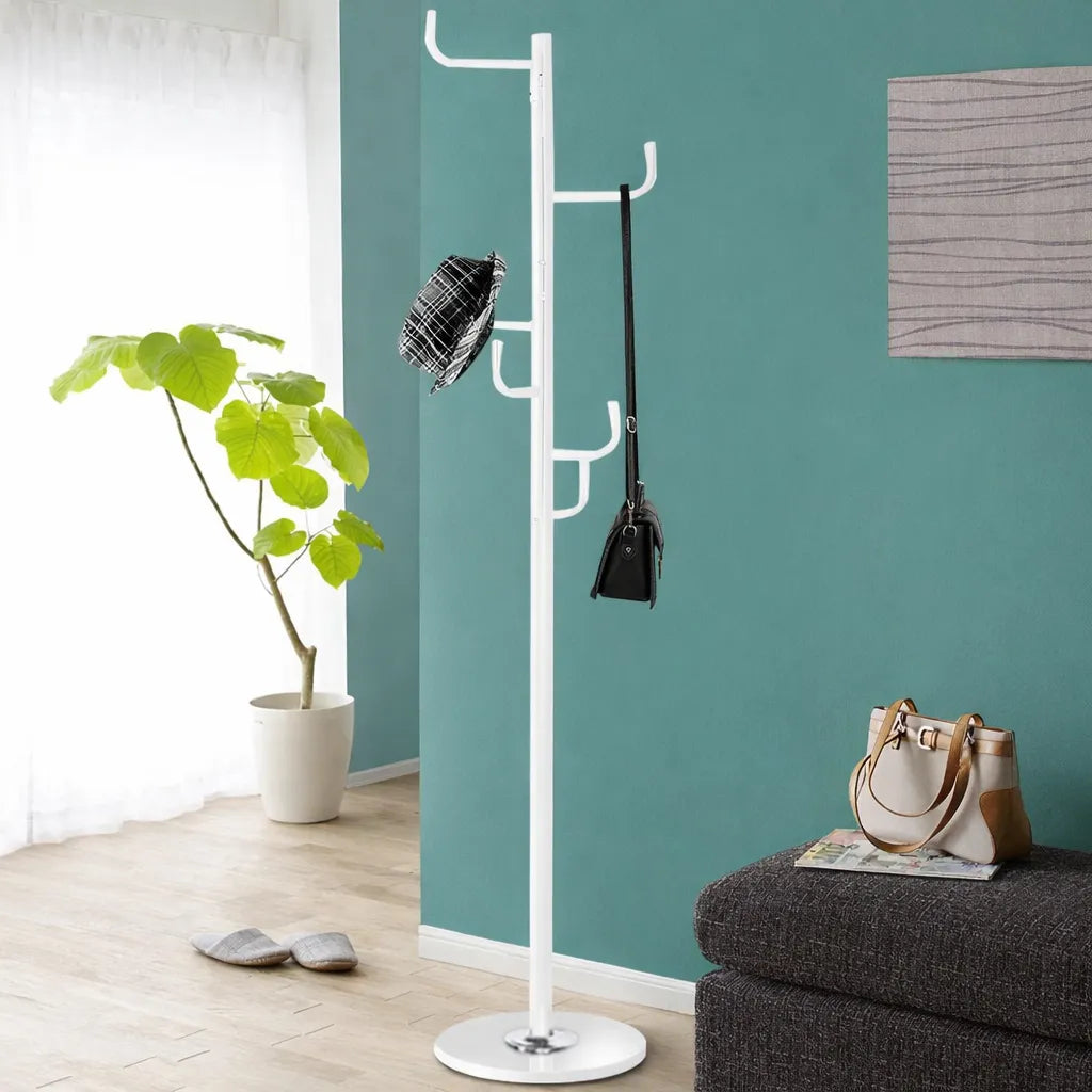 Attaccapanni appendiabiti a piantana in metallo bianco con 6 ganci e base circolare