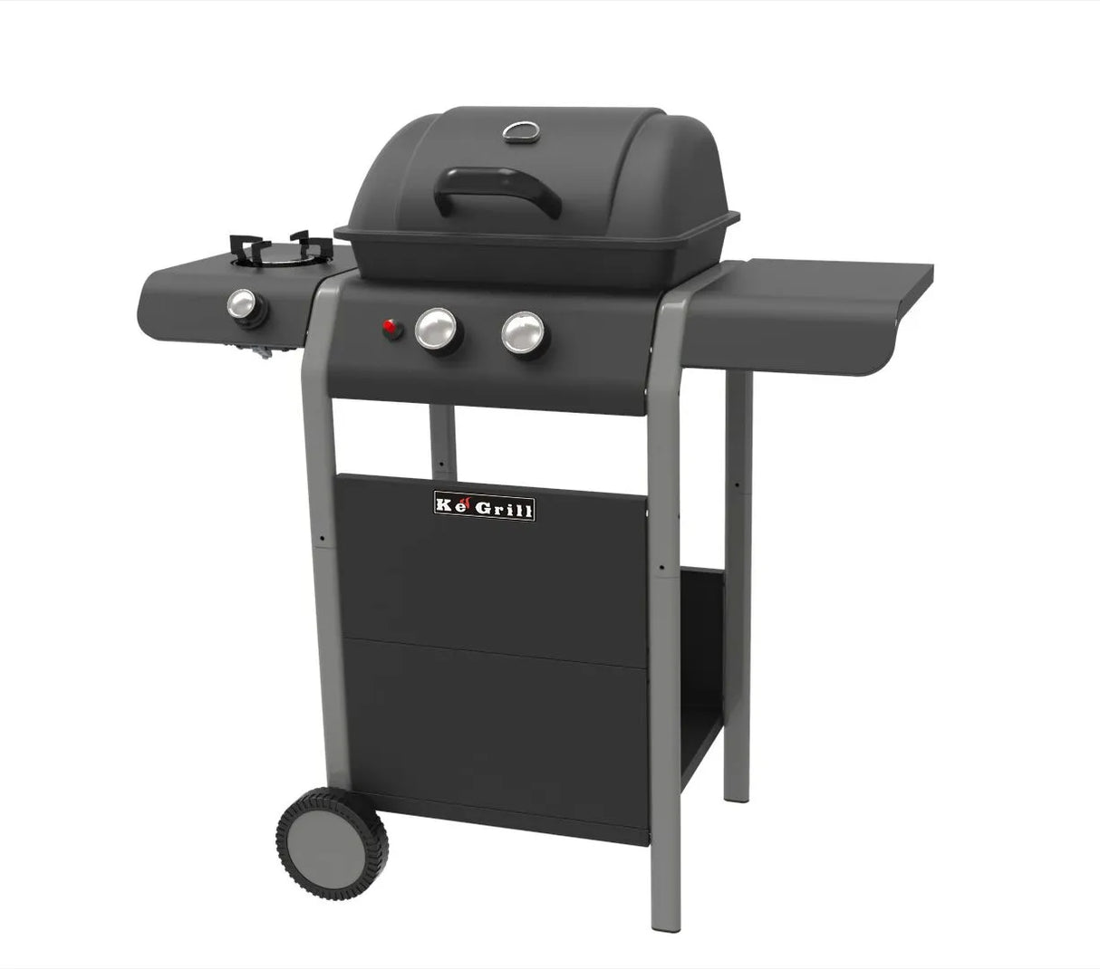 Barbecue a gas ECO KEGRILL a 2 fuochi con fornello laterale, pietra lavica, griglia e termometro inox, ideale per terrazzi e spazi ridotti.