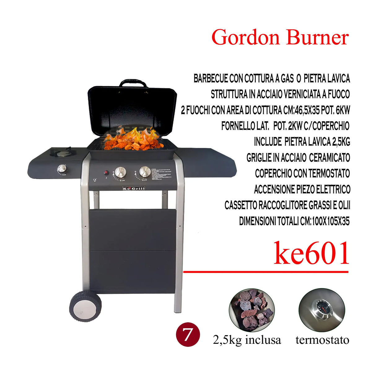 Barbecue a gas ECO KEGRILL a 2 fuochi con fornello laterale, pietra lavica, griglia e termometro inox, ideale per terrazzi e spazi ridotti.