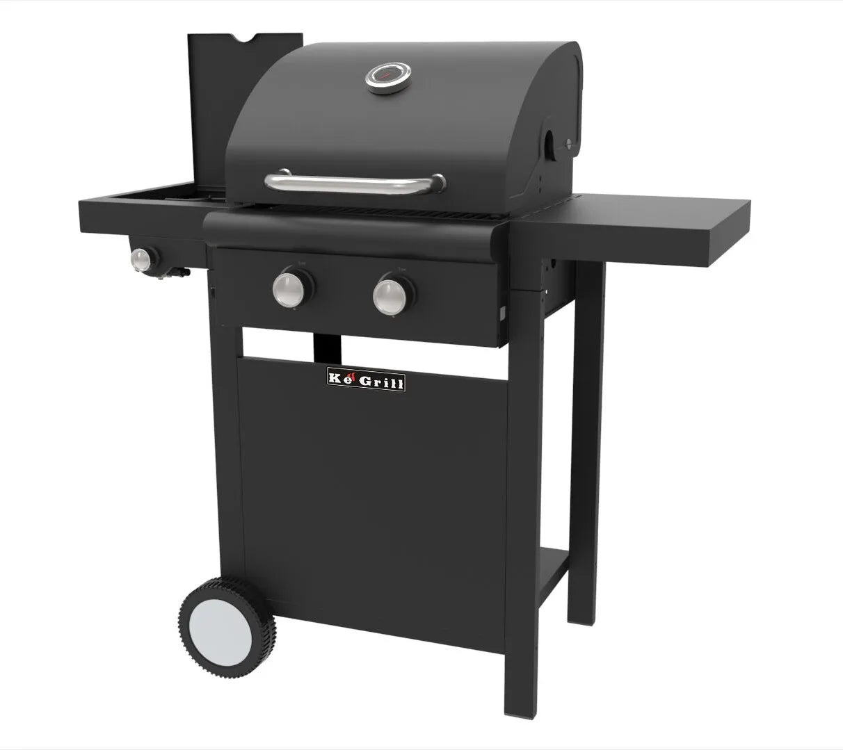 Barbecue a gas KEGRILL a 2 fuochi con fornello laterale, cottura a gas o pietra lavica, griglia inclusa, termometro inox e ruote per il trasporto.