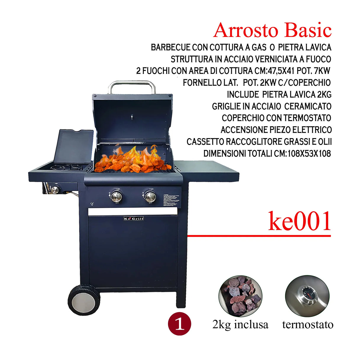 Barbecue a gas KEGRILL a 2 fuochi con fornello laterale, cottura a gas o pietra lavica, griglia inclusa, termometro inox e ruote per il trasporto.