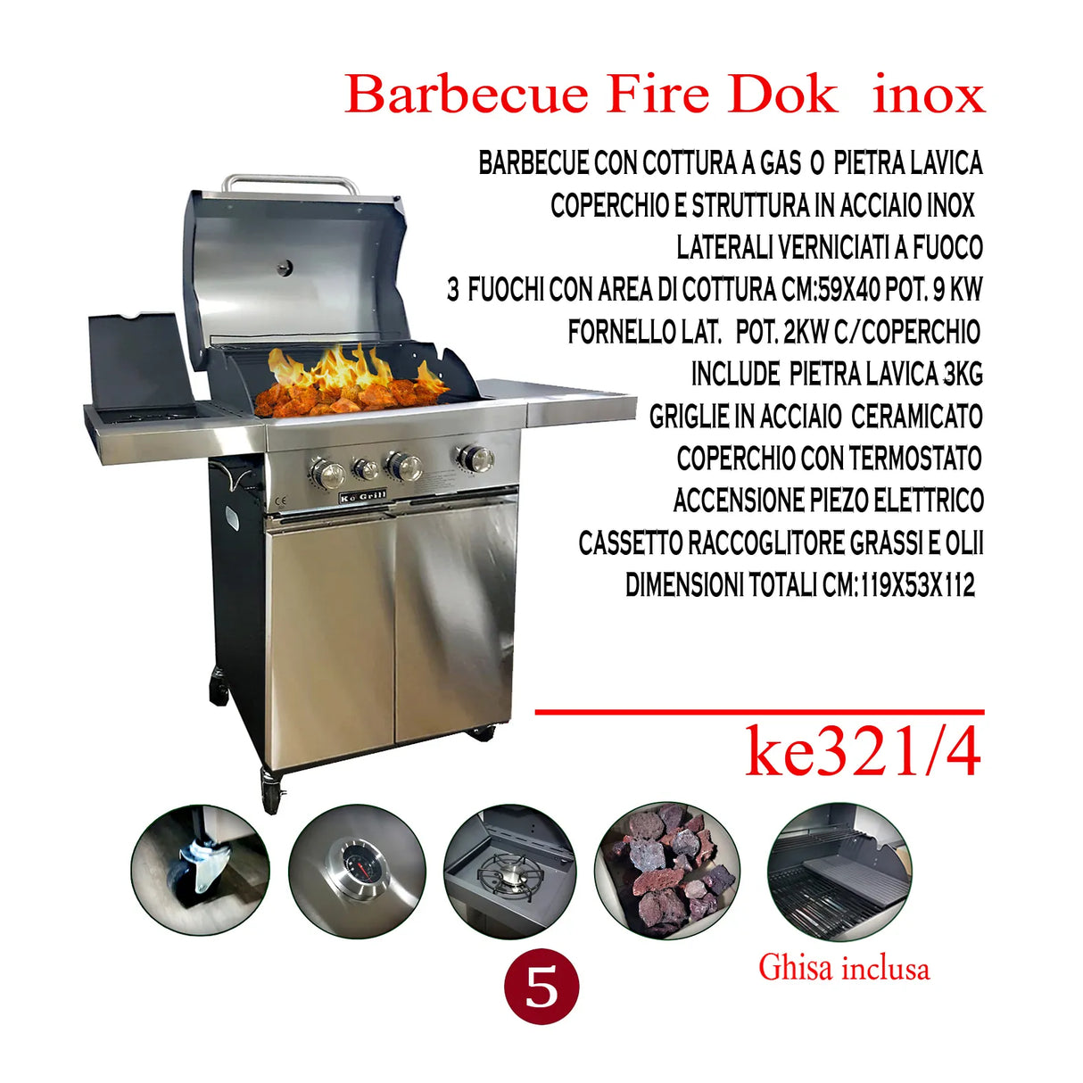 Barbecue a gas 3 fuochi INOX KEGRILL con bruciatore laterale, griglia, pietra lavica, piastra in ghisa e ruote con freno. Ideale per grigliate professionali.
