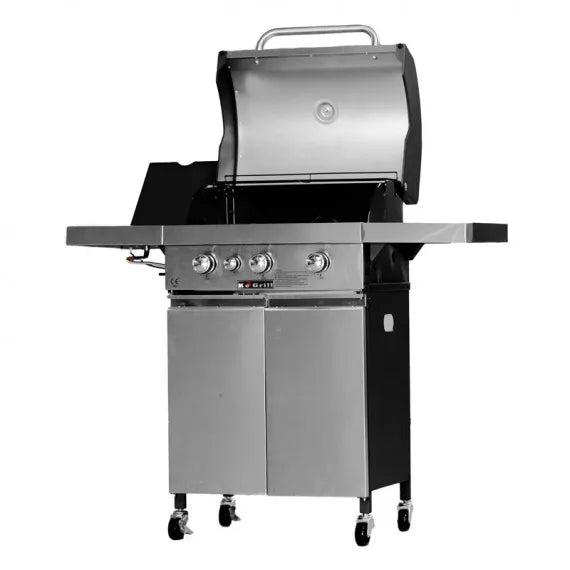 Barbecue a gas 3 fuochi INOX KEGRILL con bruciatore laterale, griglia, pietra lavica, piastra in ghisa e ruote con freno. Ideale per grigliate professionali.