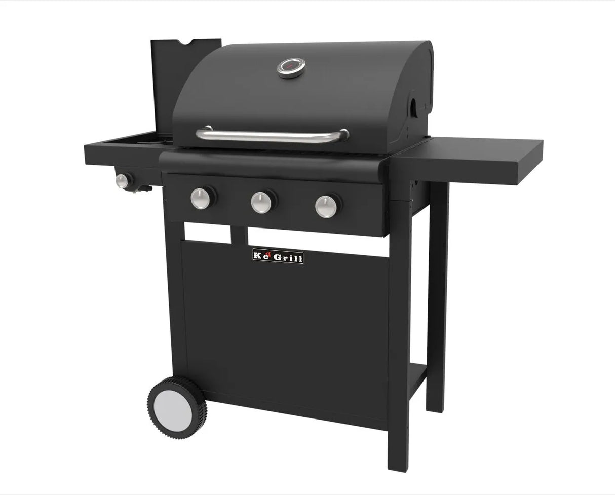 Barbecue a gas KEGRILL 3 fuochi con fornello laterale, pietra lavica, griglia, termometro inox e ruote, ideale per grigliate all’aperto professionali.