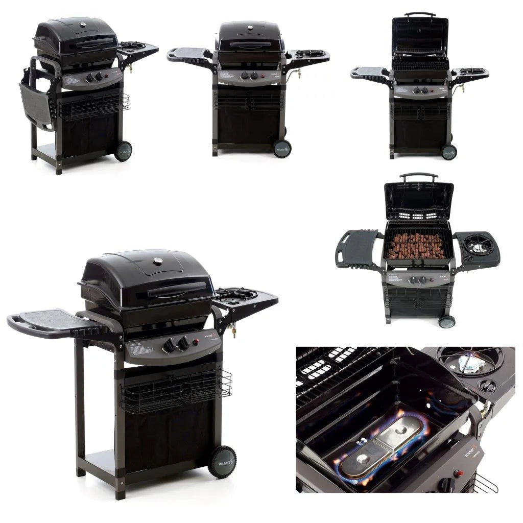 Barbecue a gas con sistema a pietra lavica, fornello laterale e ripiano pieghevole