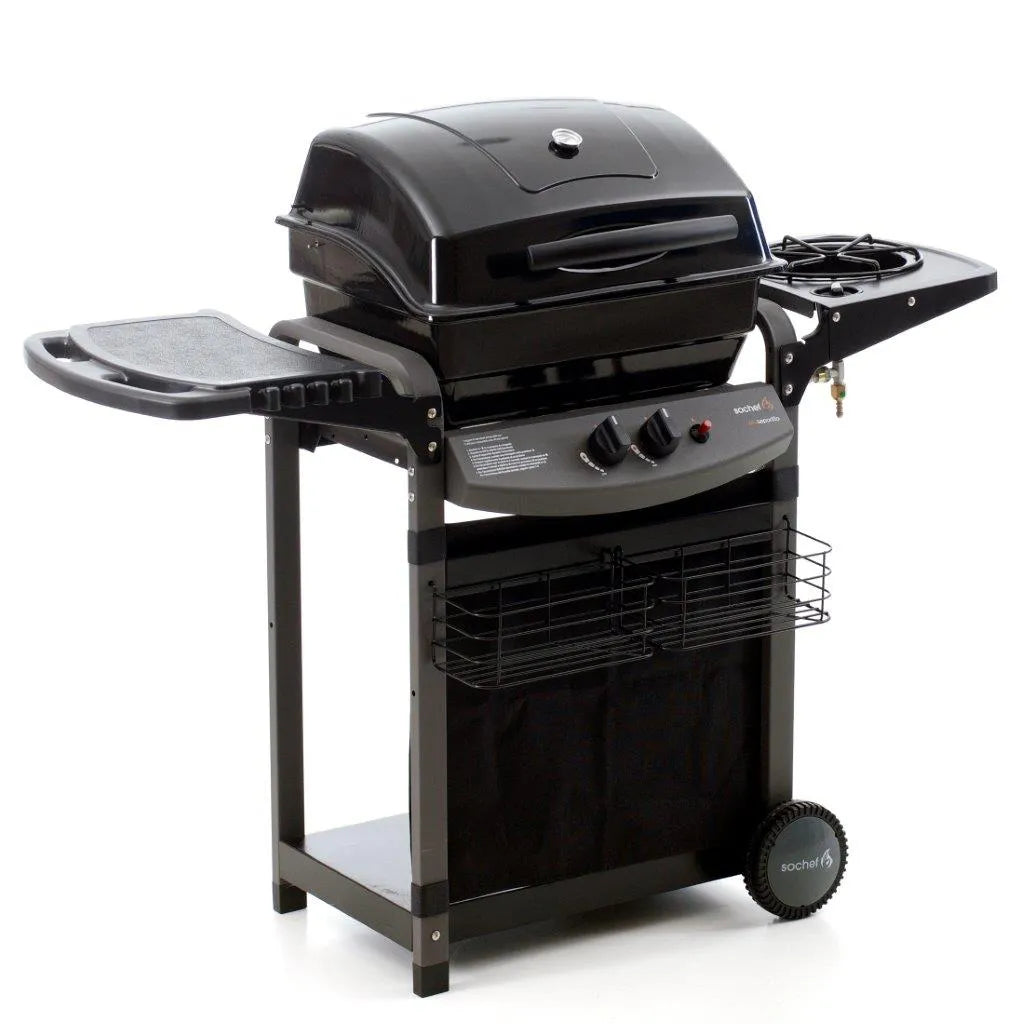 Barbecue a gas con sistema a pietra lavica, fornello laterale e ripiano pieghevole