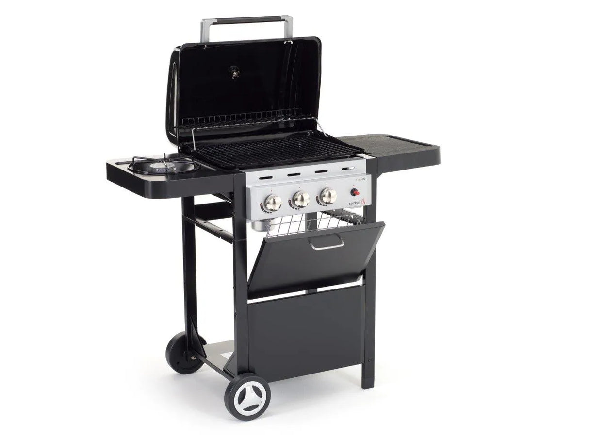 Barbecue a gas Piùgusto con 2 bruciatori, fornello laterale e cottura australiana