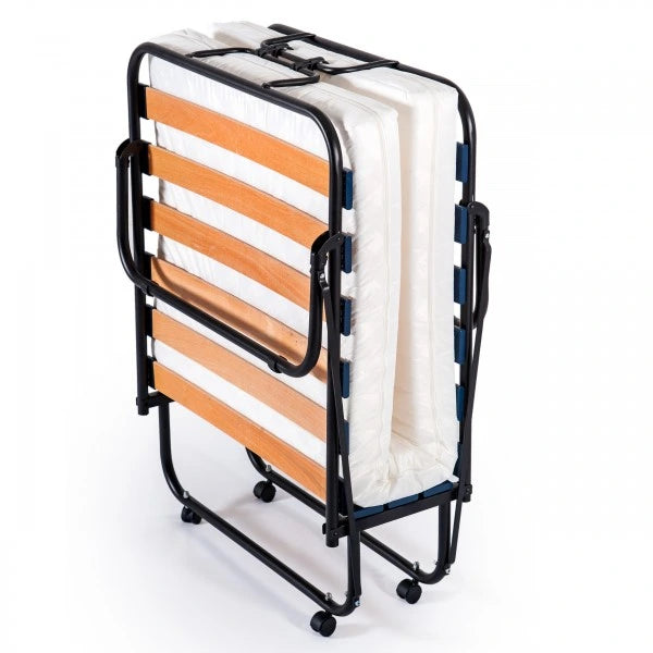 Brandina pieghevole Luxor con materasso, struttura resistente e ruote. Perfetta per ospiti e strutture ricettive, salvaspazio e facile da aprire.