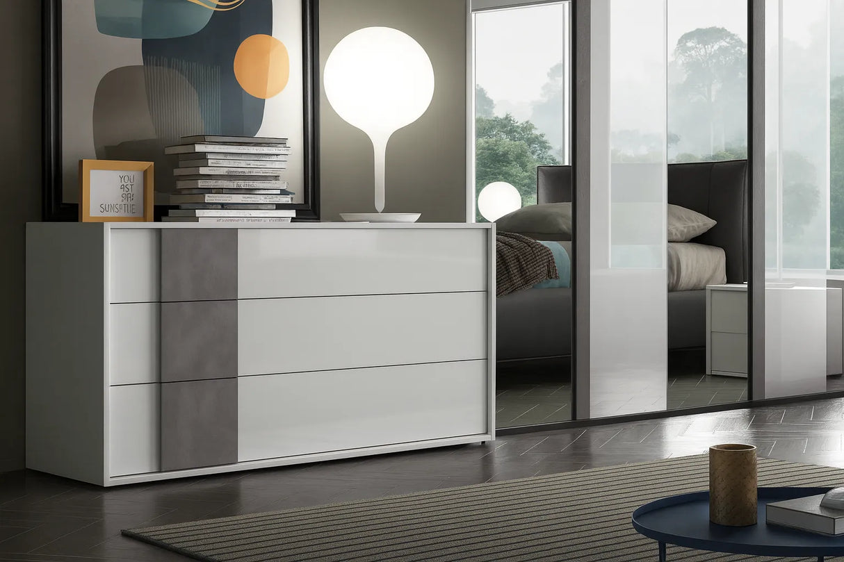 Camera da letto moderna Lussemburgo in bianco lucido e cemento con letto contenitore e armadio con specchi