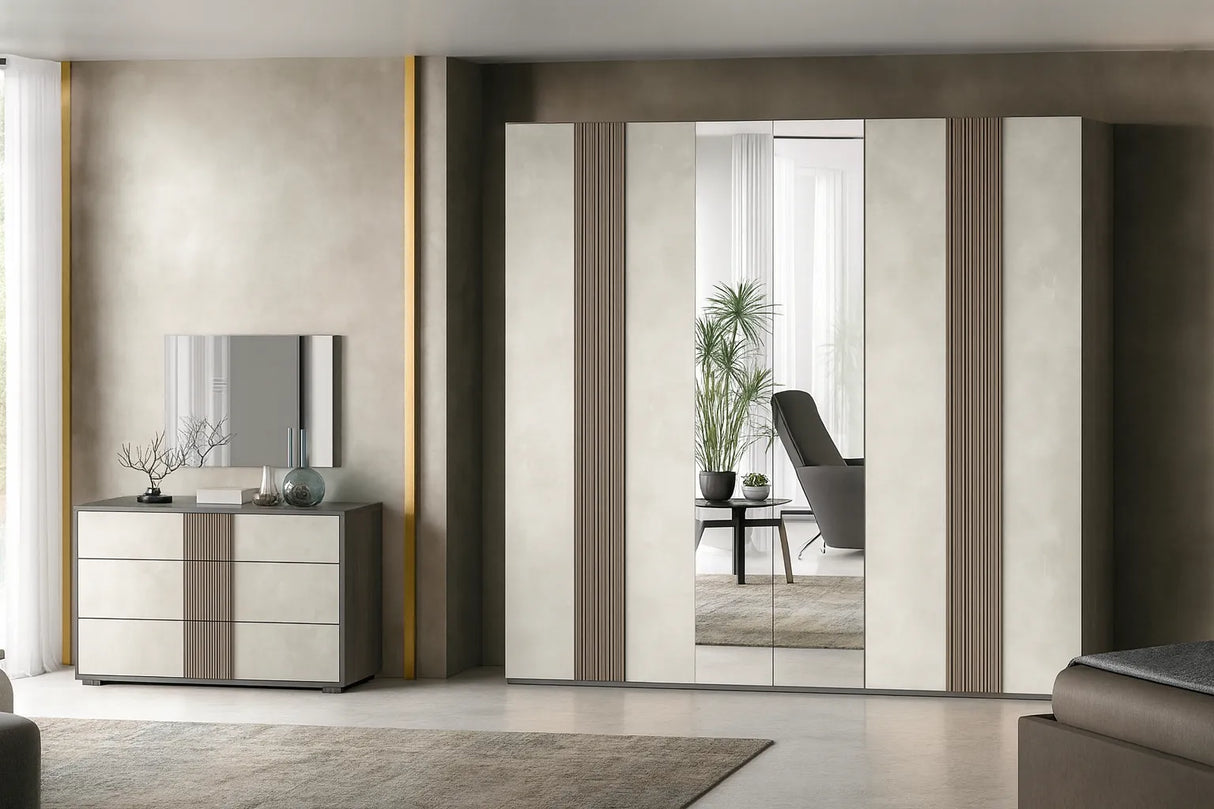 Camera da letto moderna Alba con letto contenitore e armadio antracite con frontali spatolati