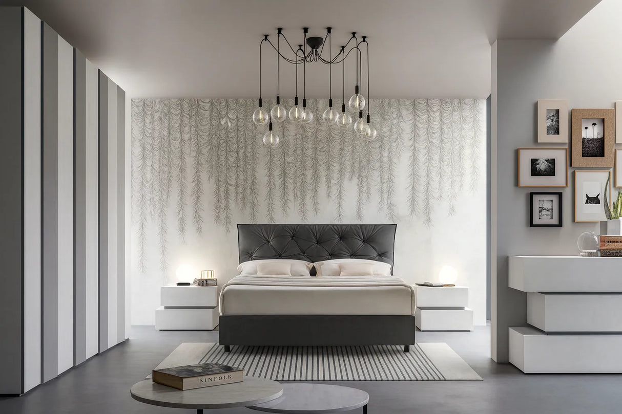 Camera da letto moderna Ancona in finitura cemento bianco e grigio con letto contenitore