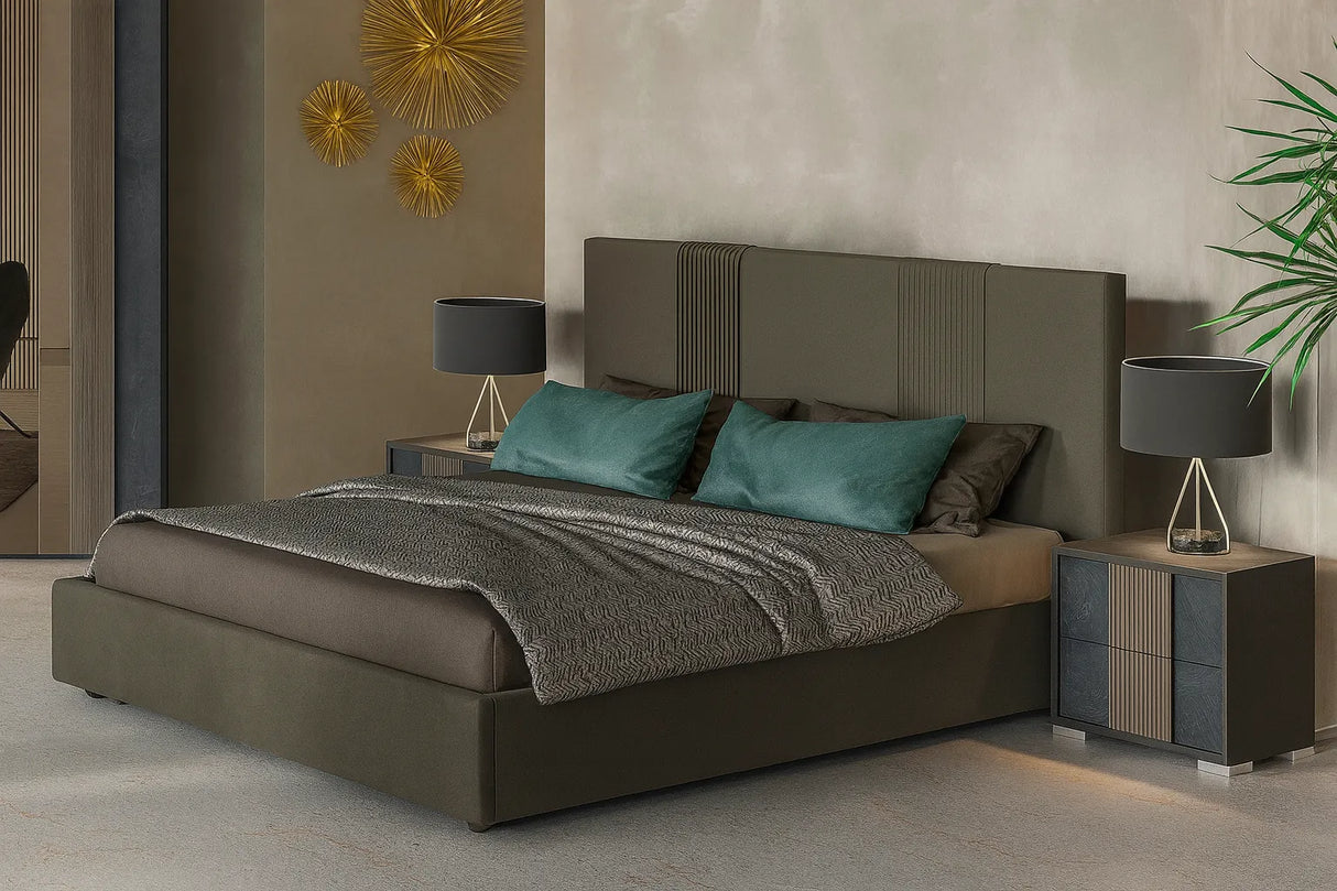 Camera da letto moderna Barcellona in antracite con frontali Iron e letto contenitore