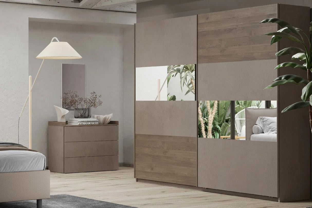 Camera da letto moderna Bari, letto con o senza contenitore, armadio scorrevole, comò e comodini, bronzo e mercure