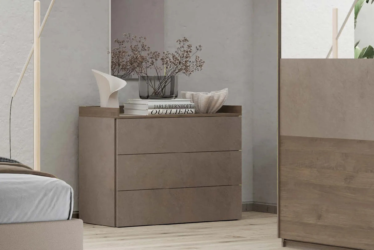 Camera da letto moderna Bari, letto con o senza contenitore, armadio scorrevole, comò e comodini, bronzo e mercure