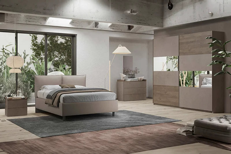 Camera da letto moderna Bari, letto con o senza contenitore, armadio scorrevole, comò e comodini, bronzo e mercure