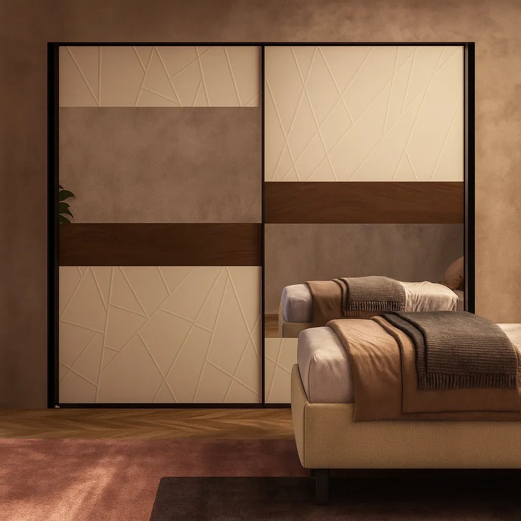 Camera da letto moderna Bologna con letto con e senza contenitore, armadio scorrevole, comò e comodini noce e cashmere