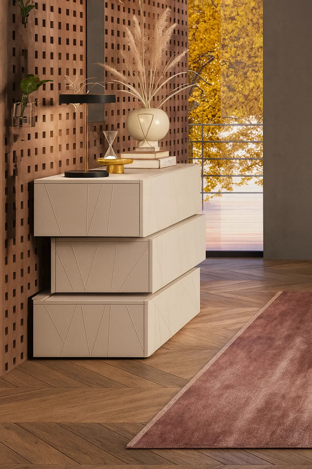 Camera da letto moderna Bologna con letto con e senza contenitore, armadio scorrevole, comò e comodini noce e cashmere