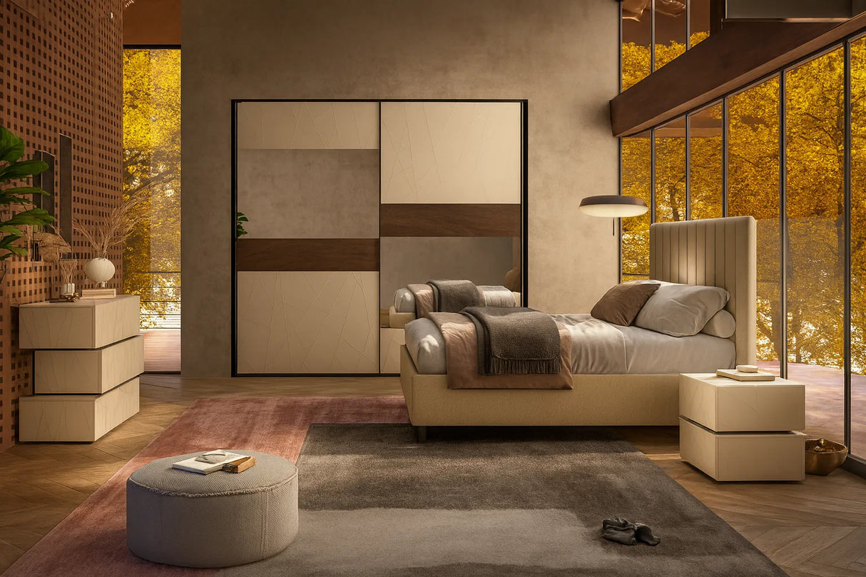 Camera da letto moderna Bologna con letto con e senza contenitore, armadio scorrevole, comò e comodini noce e cashmere