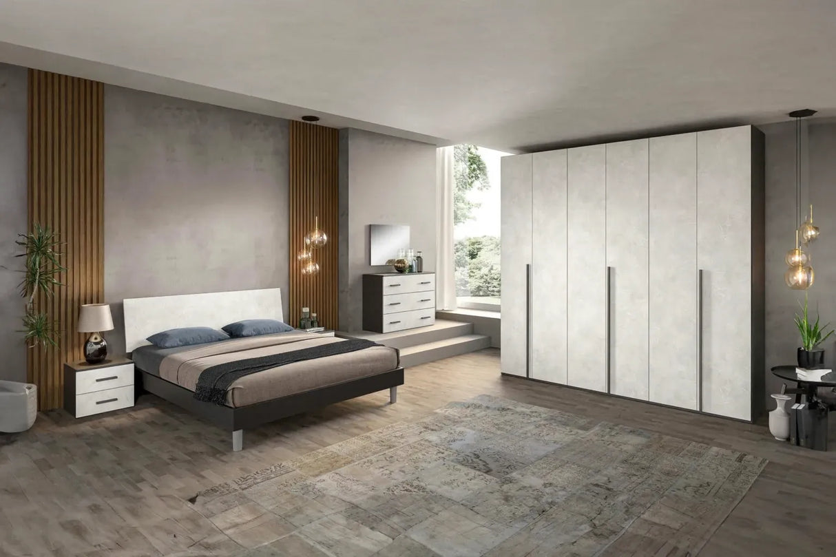 Camera da Letto Boston in finitura cemento con armadio a sei ante e design moderno – Europa Mobili