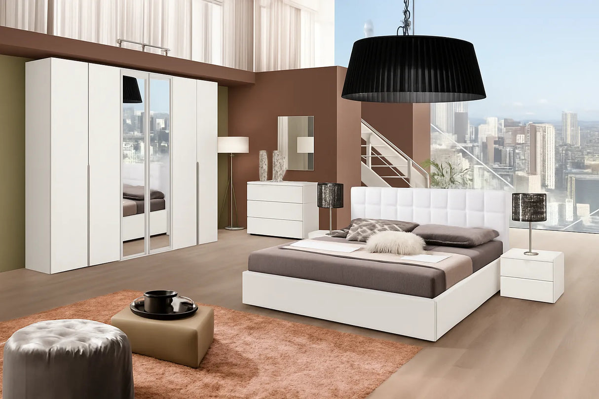 Camera da Letto Casablanca Bianca con contenitore, finitura bianco frassinato e testiera in ecopelle – Europa Mobili