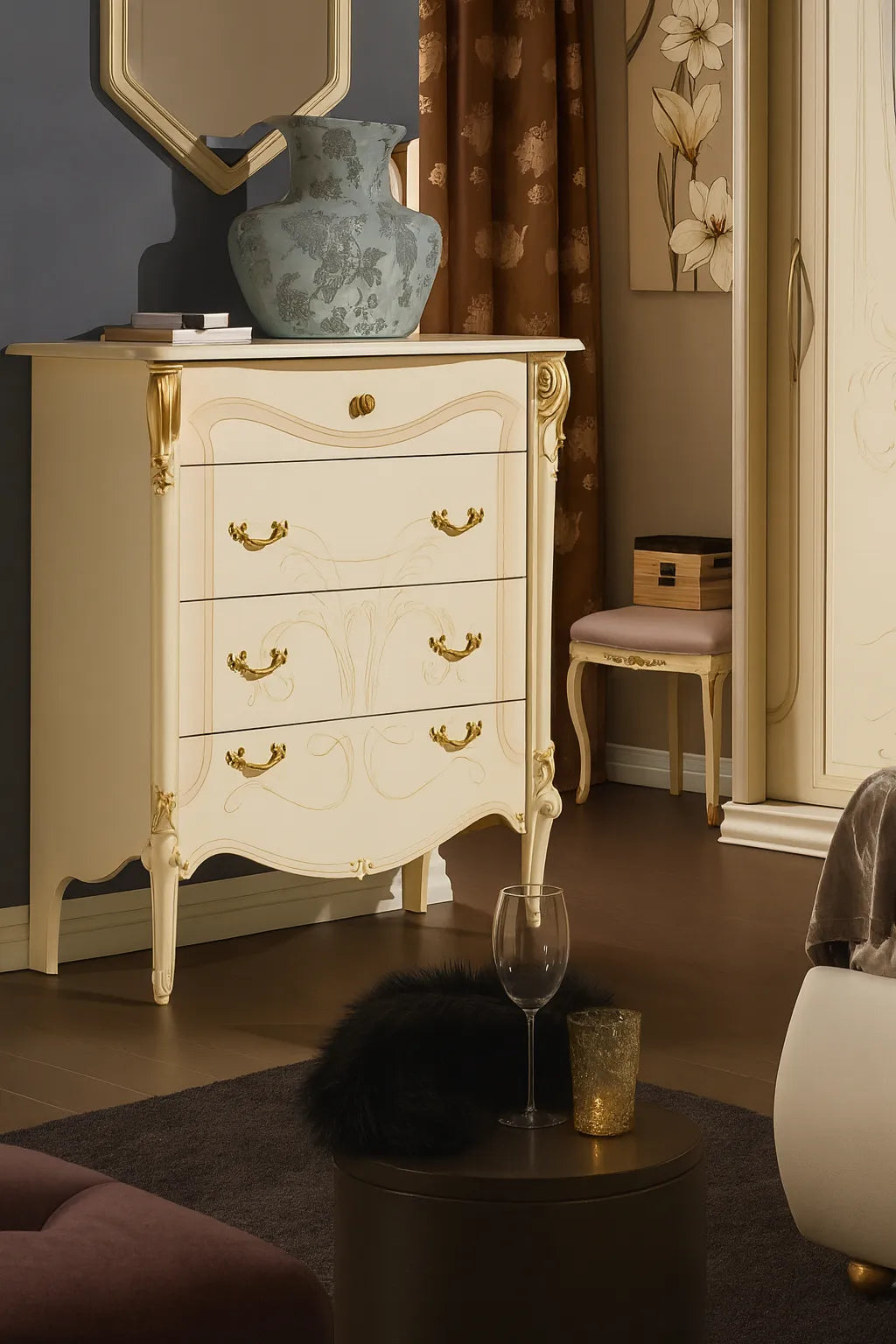 Camera da Letto Catania patinato beige con letto contenitore e armadio a cuore – Europa Mobili