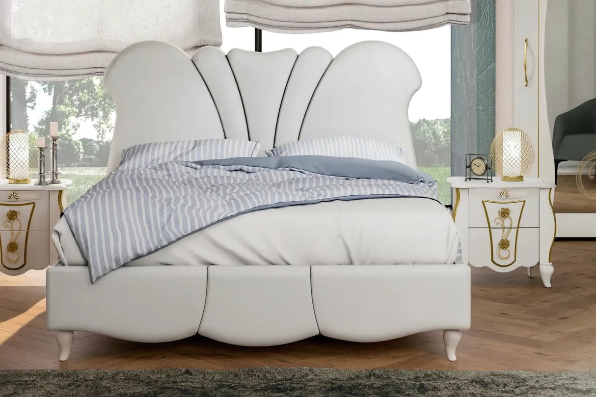 Camera da Letto Cracovia in bianco e oro con letto contenitore e armadio decorato – Europa Mobili