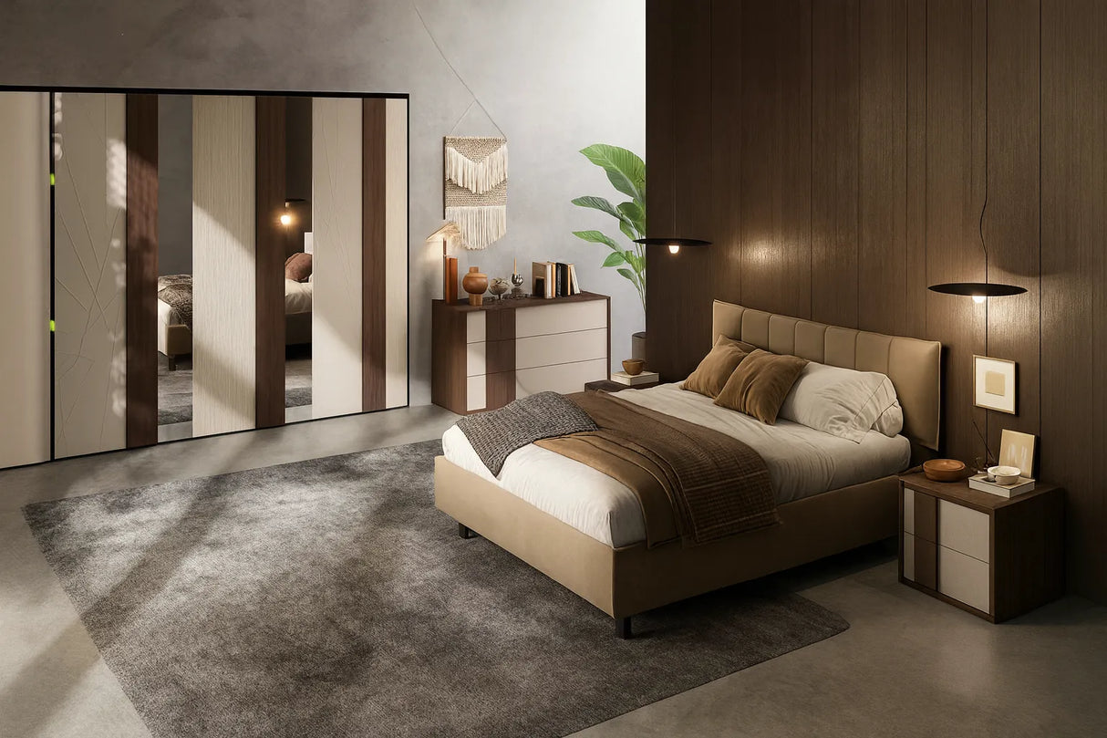 Camera da letto moderna Dubai con letto contenitore e armadio battente finitura noce e canapa frassinato con specchi