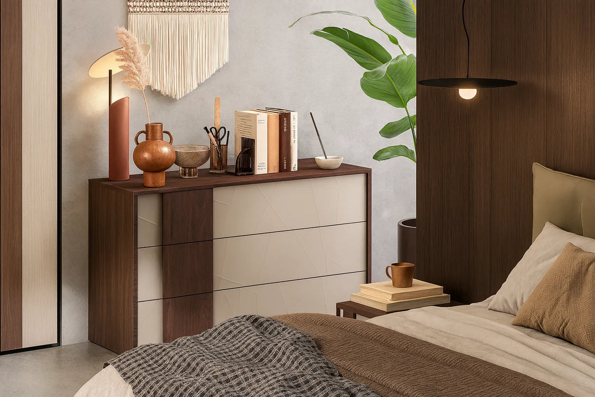 Camera da letto moderna Dubai con letto contenitore e armadio battente finitura noce e canapa frassinato con specchi