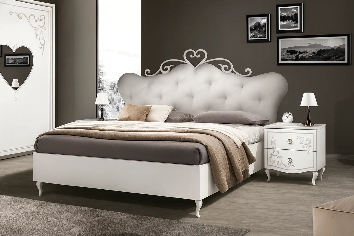 Camera da Letto Dublino Bianca con o senza contenitore, finitura bianco frassinato con serigrafia argento – Europa Mobili