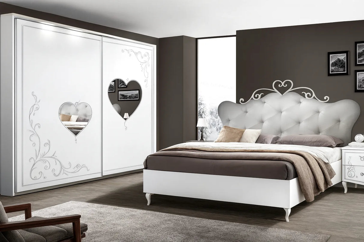 Camera da Letto Dublino Bianca con o senza contenitore, finitura bianco frassinato con serigrafia argento – Europa Mobili