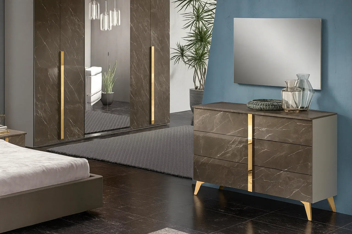 Camera da letto moderna Edimburgo con letto contenitore e finiture marmo scuro e oro