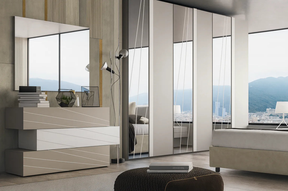 Camera da letto moderna Londra con letto contenitore e armadio con specchi glitter