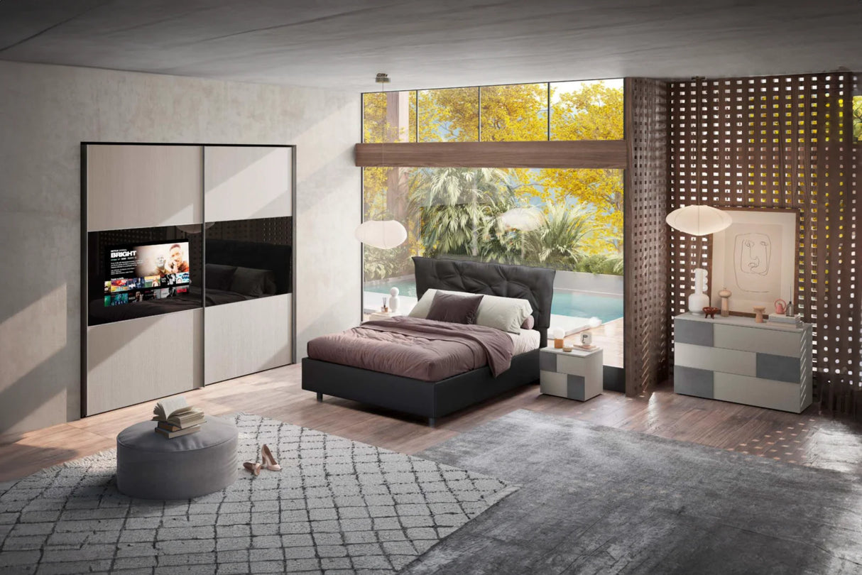 Camera da letto moderna Madrid con letto contenitore e armadio scorrevole con vano TV integrato