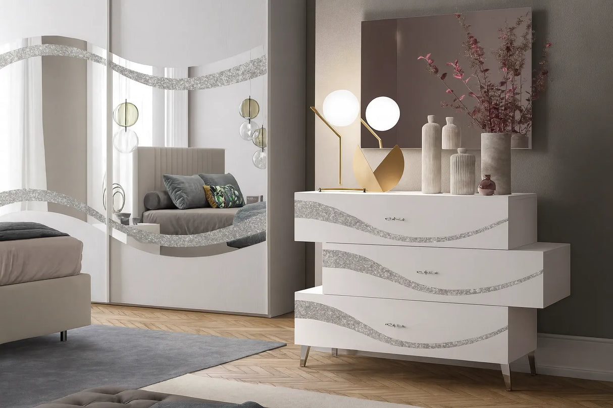 Camera da letto moderna Malta Bianca con letto contenitore e dettagli glitter argento