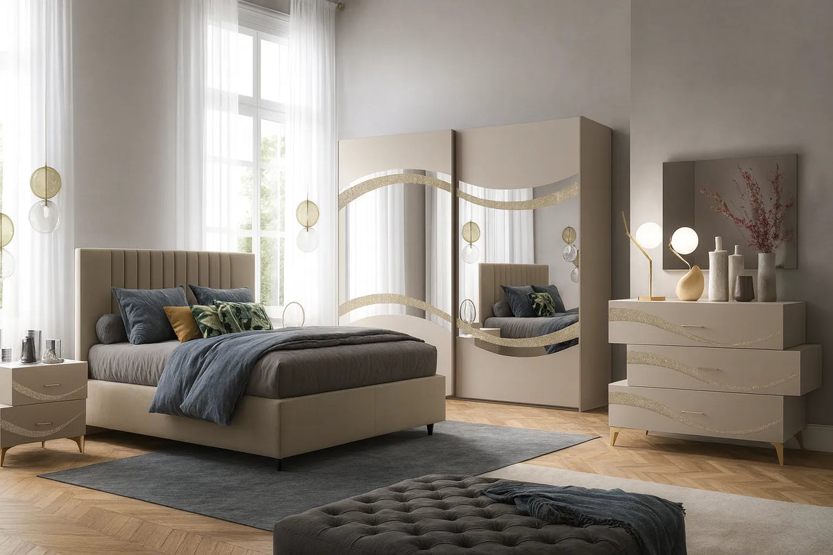 Camera da letto moderna Malta Canapa con letto contenitore e dettagli glitter oro