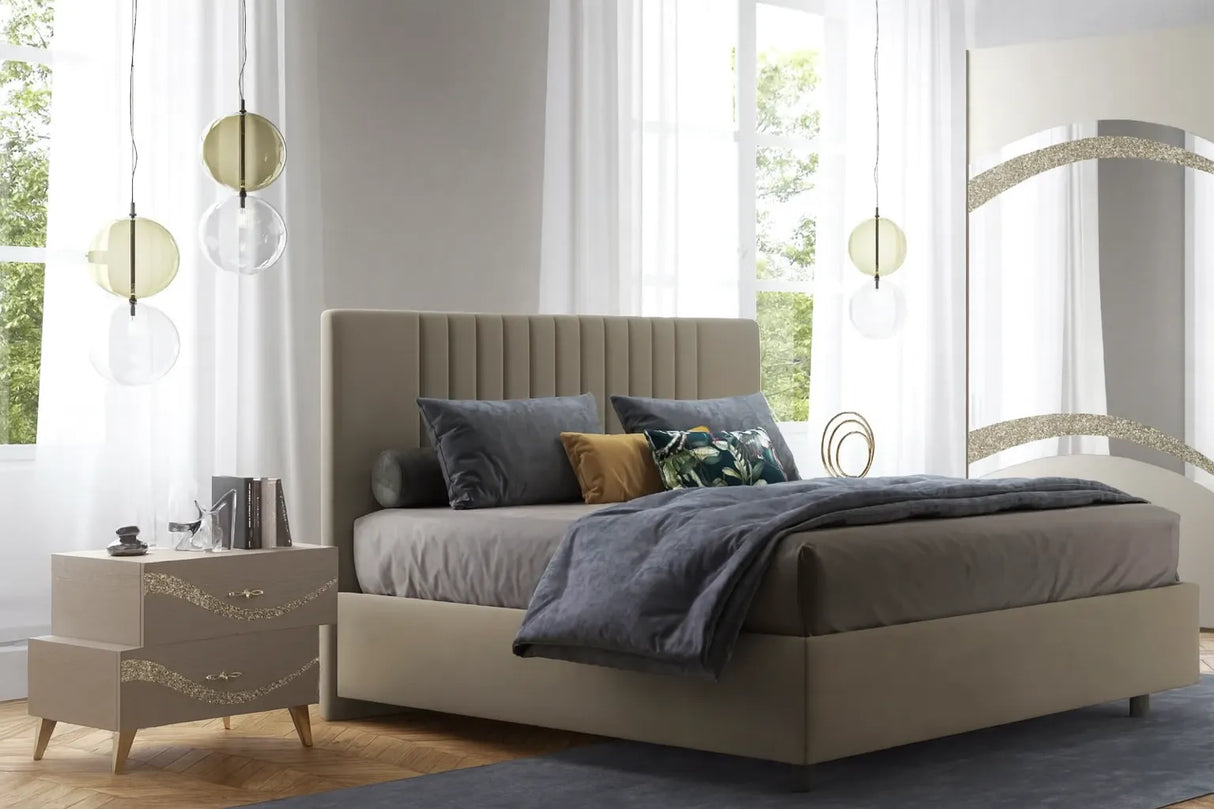 Camera da letto moderna Malta Canapa con letto contenitore e dettagli glitter oro