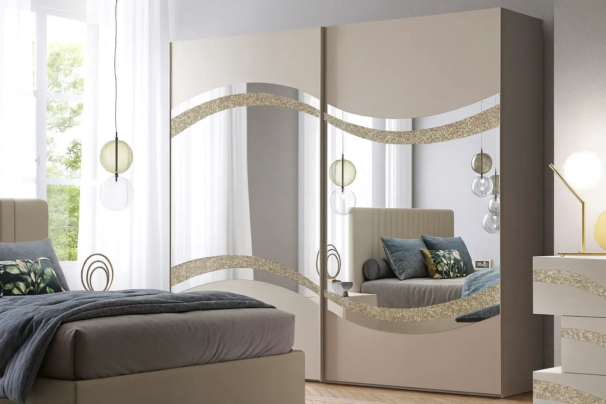 Camera da letto moderna Malta Canapa con letto contenitore e dettagli glitter oro